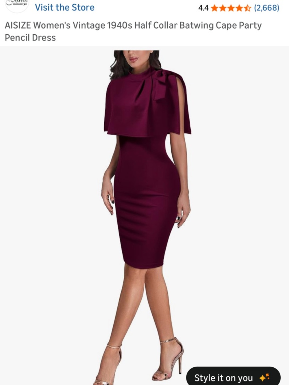 Amazon Women's Plum Midi Pencil Dress with Batwing Cape